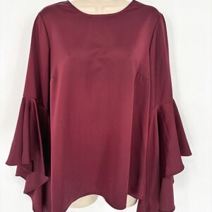Anthropologie RO & DE Wide Bell Sleeve Satin Blouse Crew Neck Raspberry Sz M